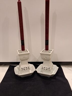 White Ceramic Candle Holders Set Of 2. Cut Outs, Tower In A Dish
